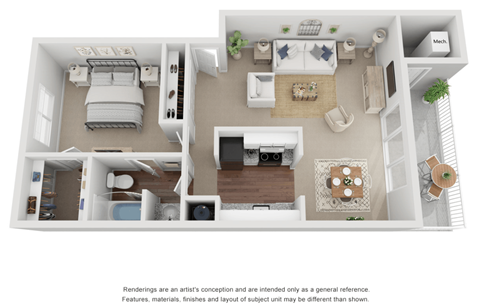 Floor plan for 1 bed, 1 bath, 830 sqft